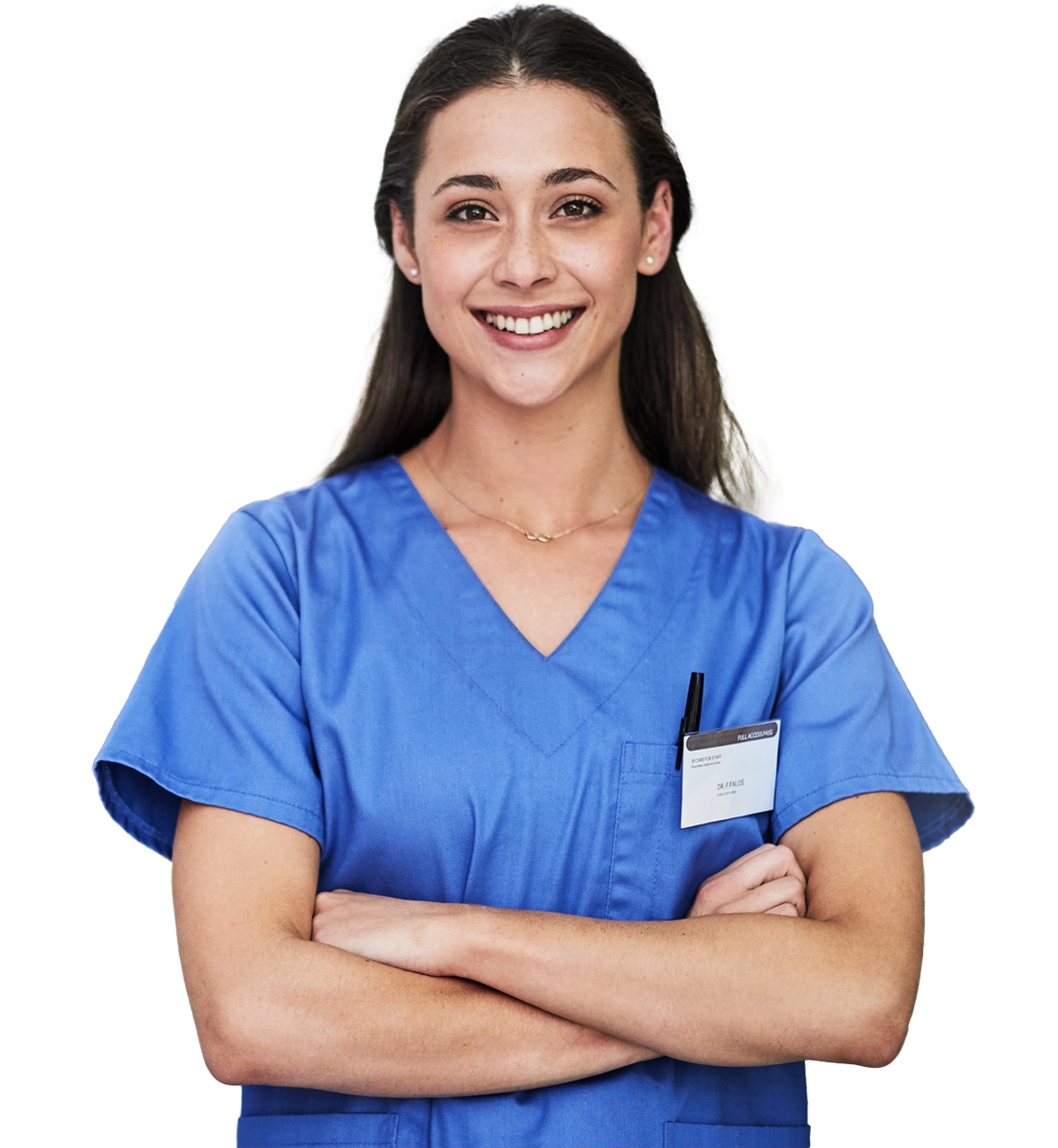 A smiling nurse in blue scrubs with her arms crossed