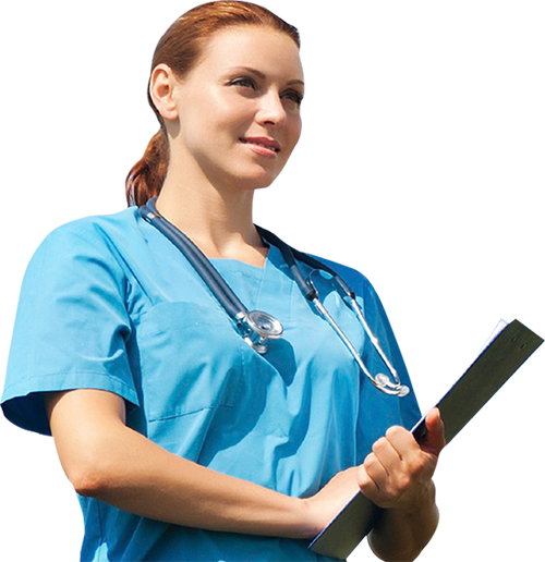 A nurse in scrubs with a stethoscope and a clipboard